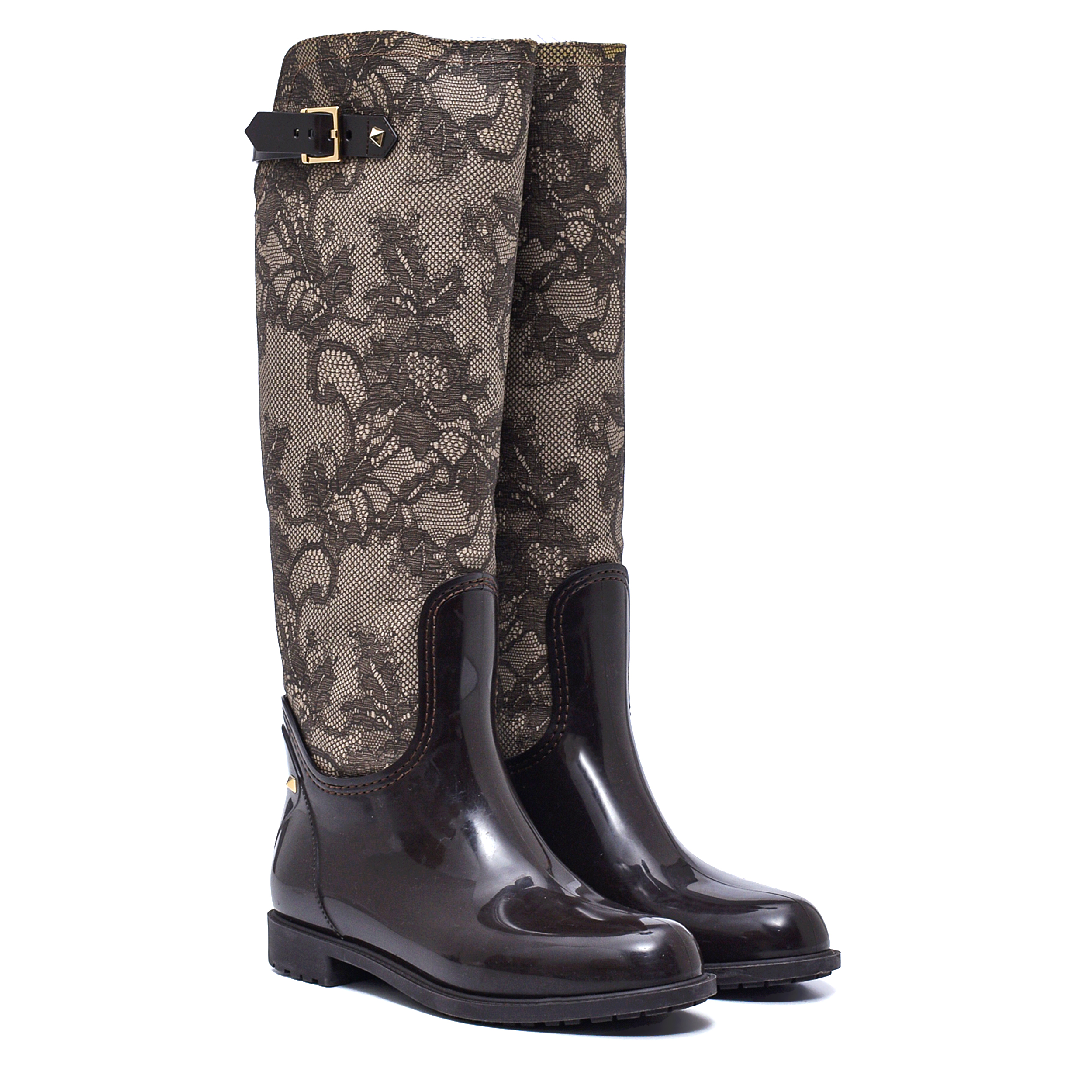 Valentino-Brown Rubber and Beige Lace Rain Boots 39